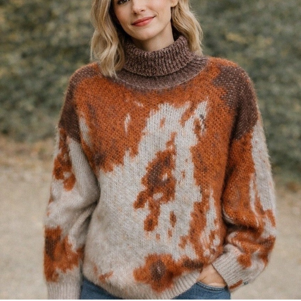 Romwe Turtleneck Sweater Abstract Cow Print Fuzzy Oversized Western Cabin Boho M